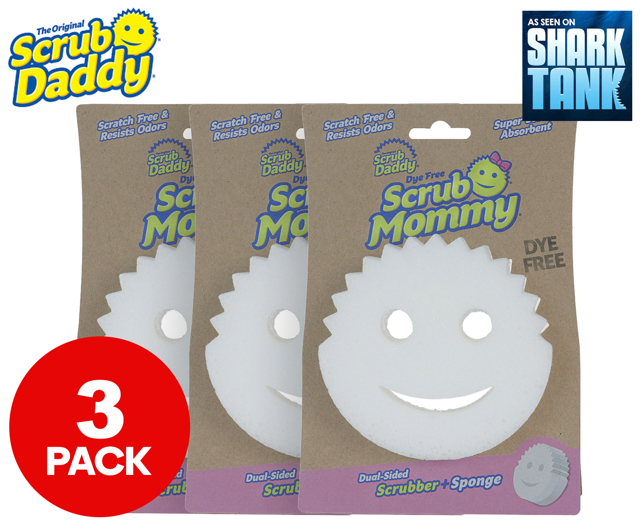 3 x Scrub Mommy Dye Free Dual-Sided Scrubber & Sponge