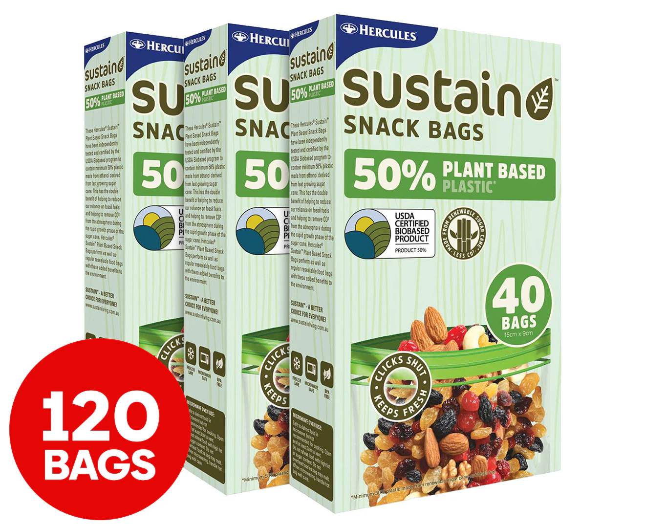 3 x 120pc Hercules Sustain Plant Based Plastic 15x9 Cm Resealable Food Snacks Bags