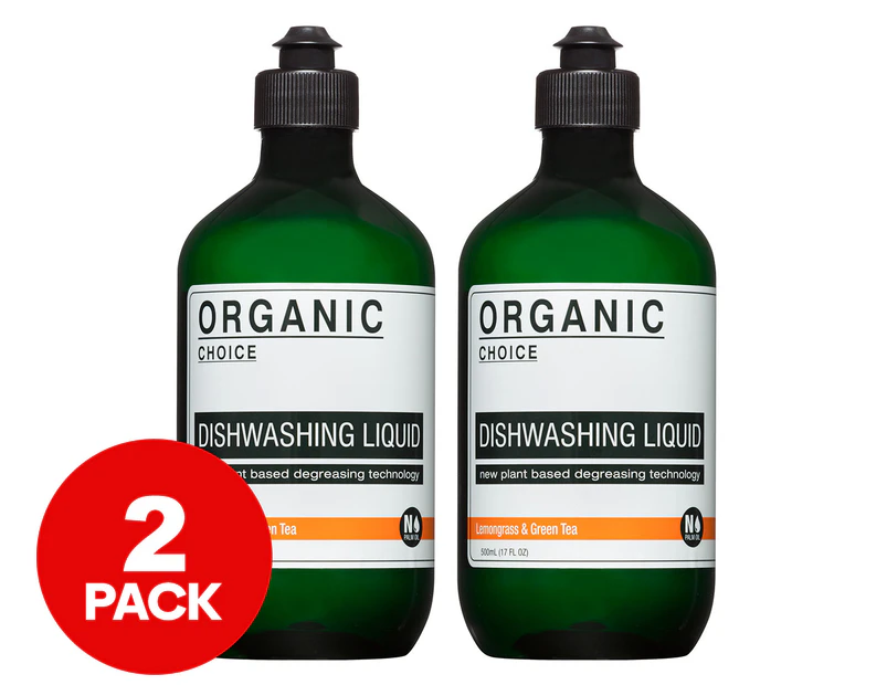 2 x Organic Choice Lemongrass & Green Tea Dishwashing Liquid 500mL