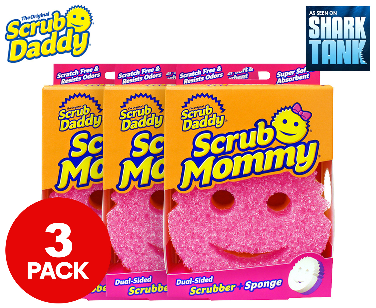  Scrub Daddy Dual-Sided Sponge and Scrubber - Scrub Mommy Cat  Shape - Scratch Free, Odor Resistant, Multi-Surface, Soft in Warm Water,  Firm in Cold, Dishwasher Safe - 1 ct - 3pk 