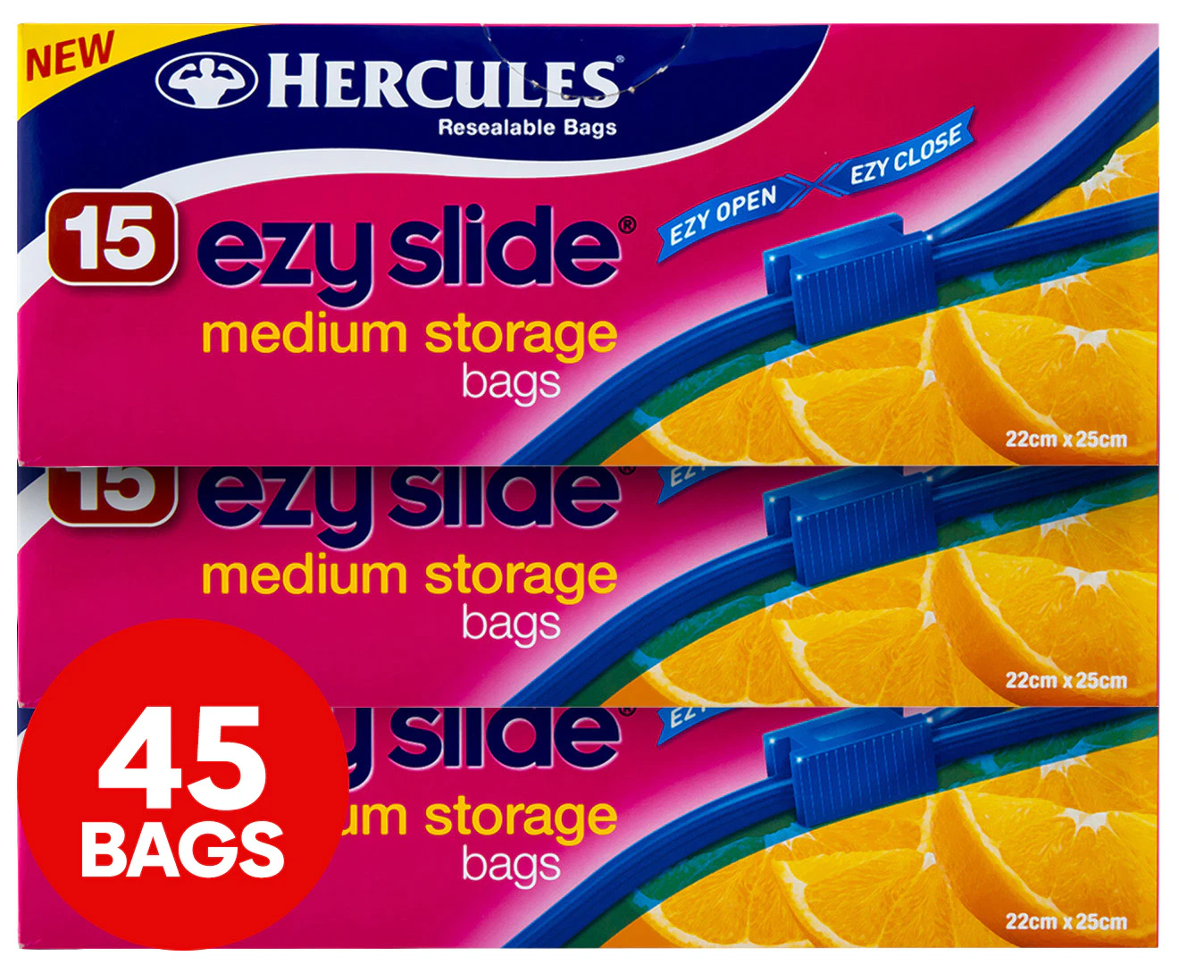 3 x 15pk Hercules Ezy Slide Medium Storage Bags