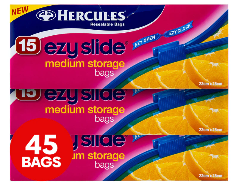 3 x 15pk Hercules Ezy Slide Medium Storage Bags