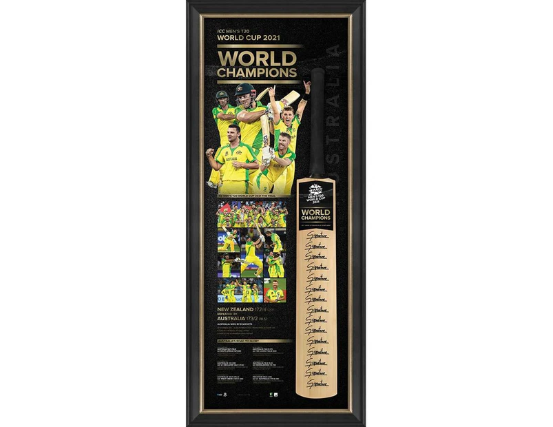 CRICKET - AUSTRALIA ICC T20 WORLD CUP CHAMPIONS SQUAD SIGNED BAT DISPLAY
