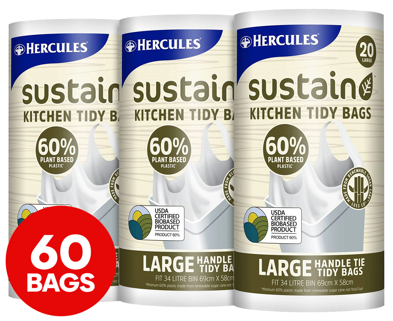 3 x 20pk Hercules Large 34L Sustain Kitchen Tidy Bags