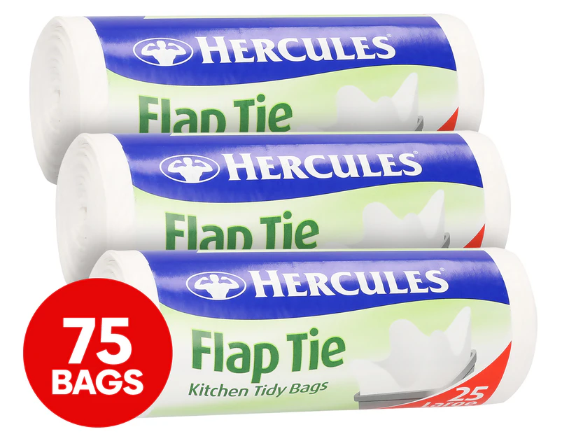 3 x 25pk Hercules Large 35L Flap Tie Kitchen Tidy Bags