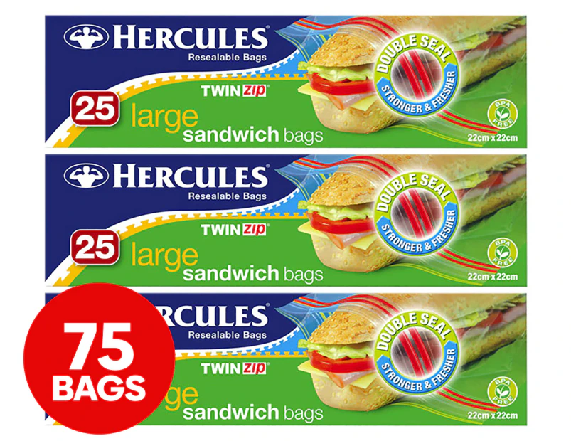 3 x 25pk Hercules Twin Zip Large Sandwich Bags