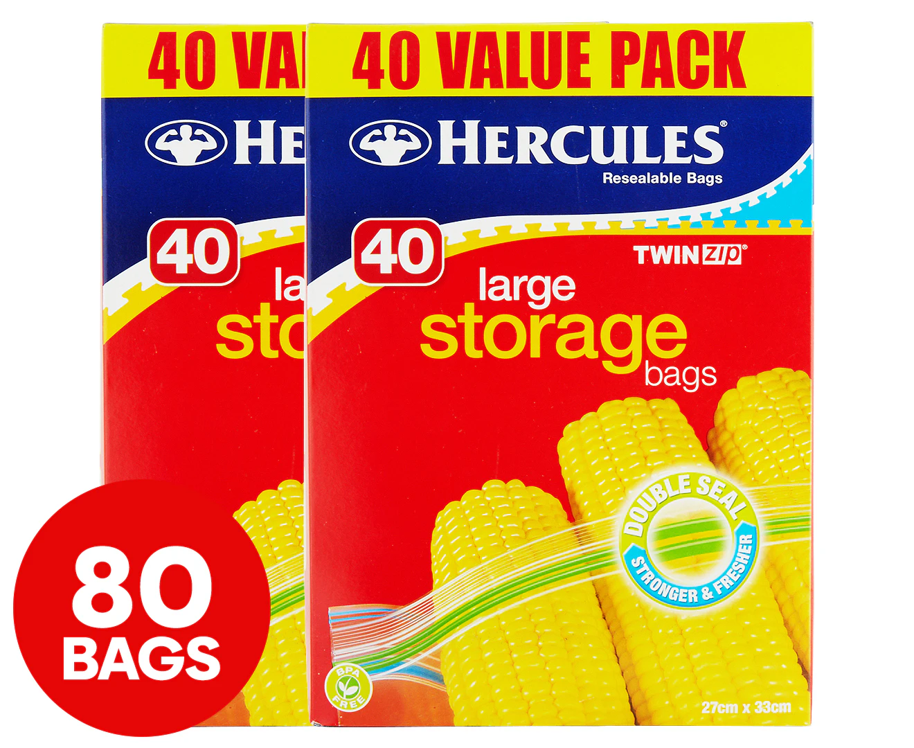 2 x 40pk Hercules Twin Zip Large Storage Bags