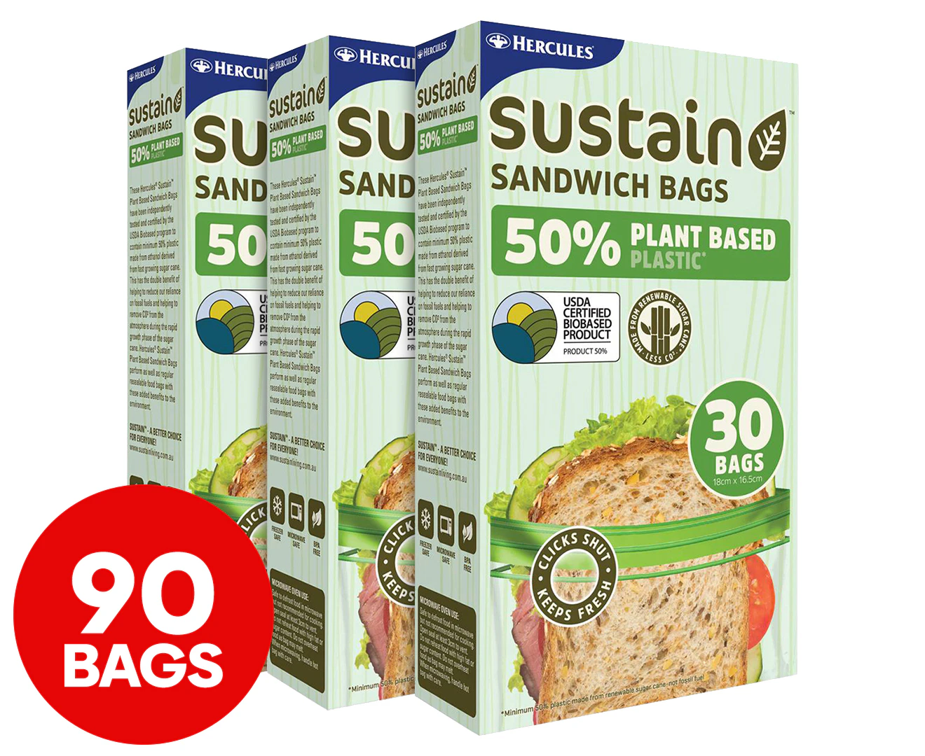 3 x 90pc Hercules Sustain 18x16.5cm Plant Based Plastic Resealable Sandwich Bags