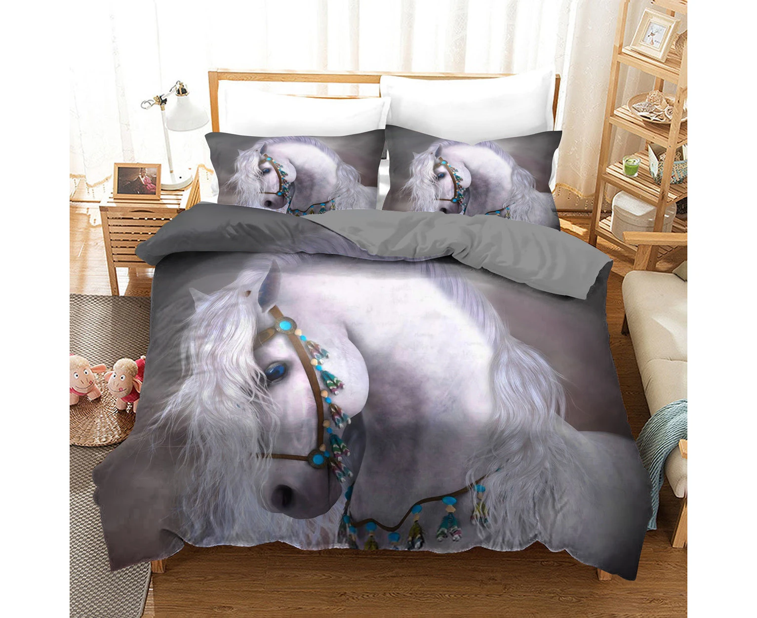 White Princess Horse Quilt Doona Duvet Cover Pillow Case Set