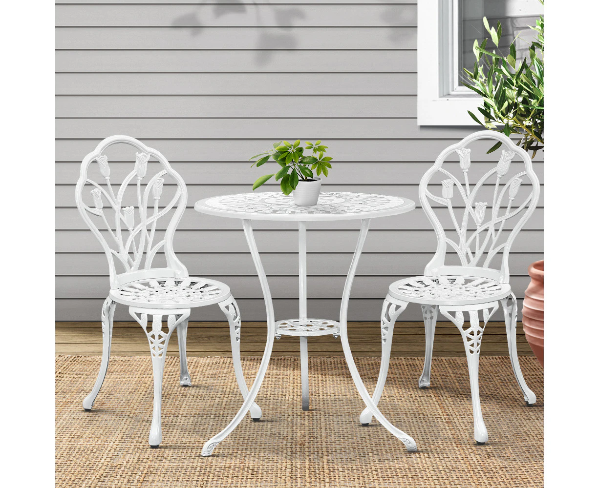 Gardeon 3PC Outdoor Setting Bistro Set Chairs Table Cast Aluminum Patio Furniture Tulip White