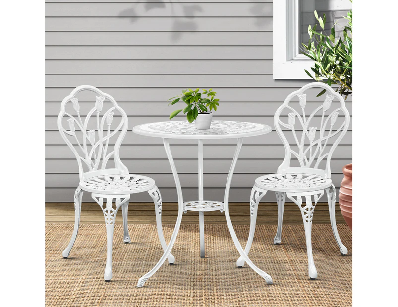 Gardeon 3PC Outdoor Setting Bistro Set Chairs Table Cast Aluminum Patio Furniture Tulip White