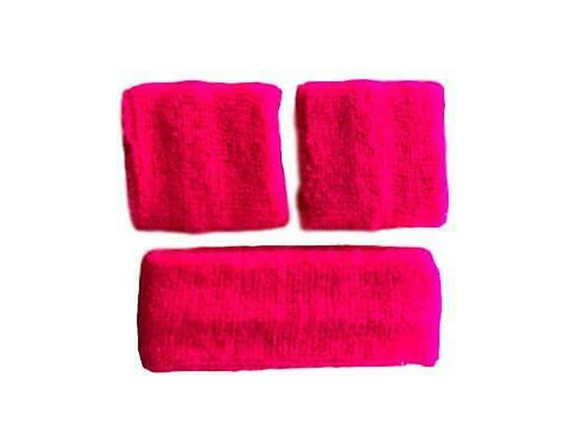 Set of 3 Sweat band wrist Head Sweatband Wristband Cotton Sport Tennis Gym Yoga - Hot Pink