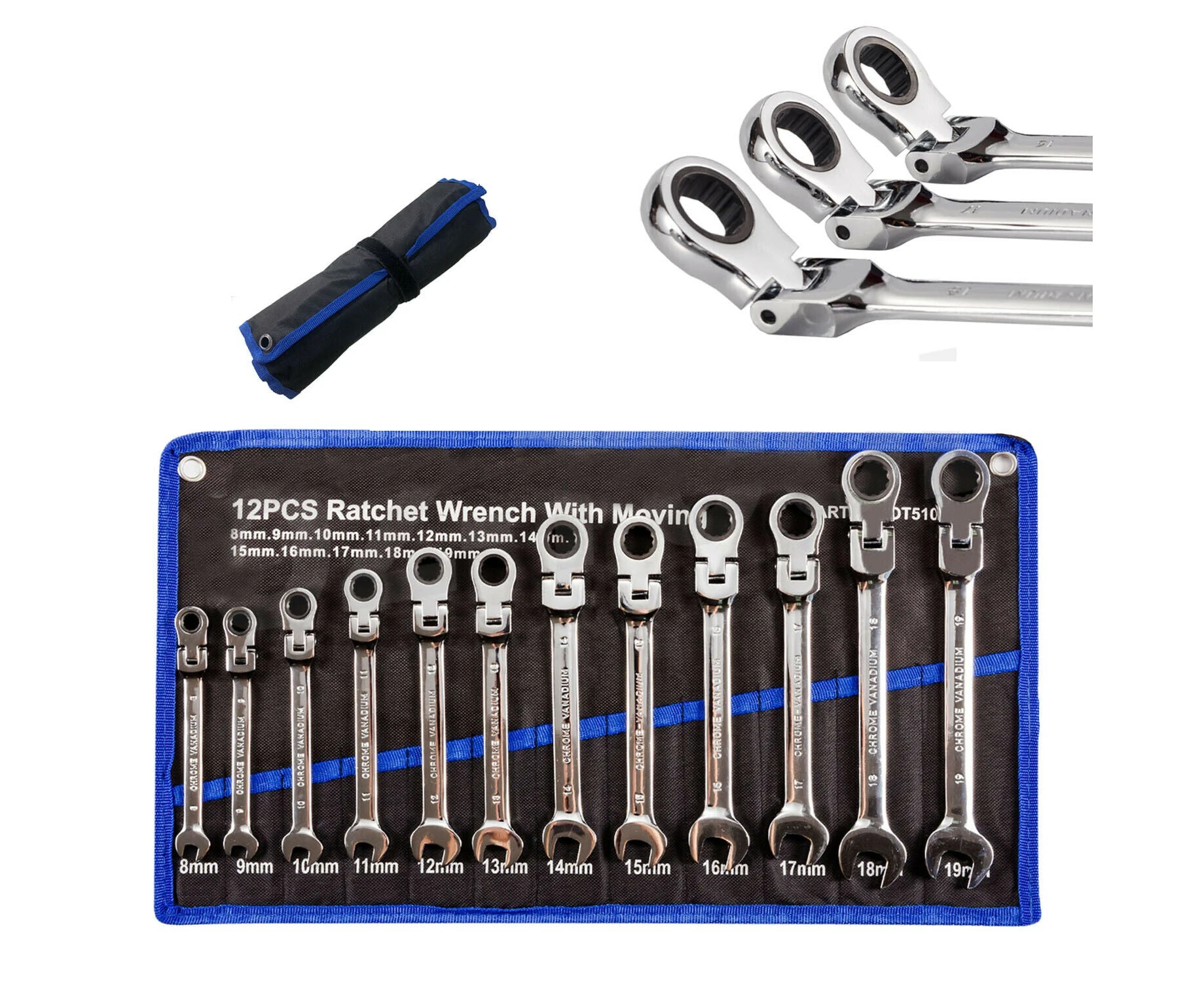 12Pcs Metric 8-19mm Flexible Head Ratcheting Spanner Gear Ratchet Wrench CrV Set