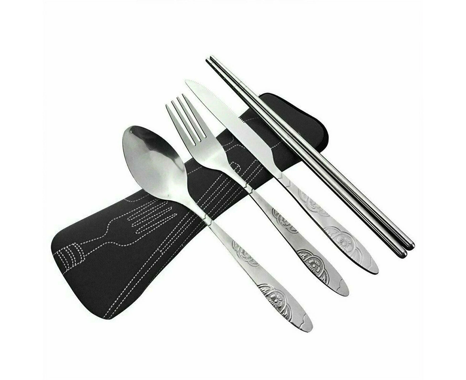 4Pcs Stainless Steel Cutlery Set Knife Fork Spoon Chopsticks With Portable Bag A - Black