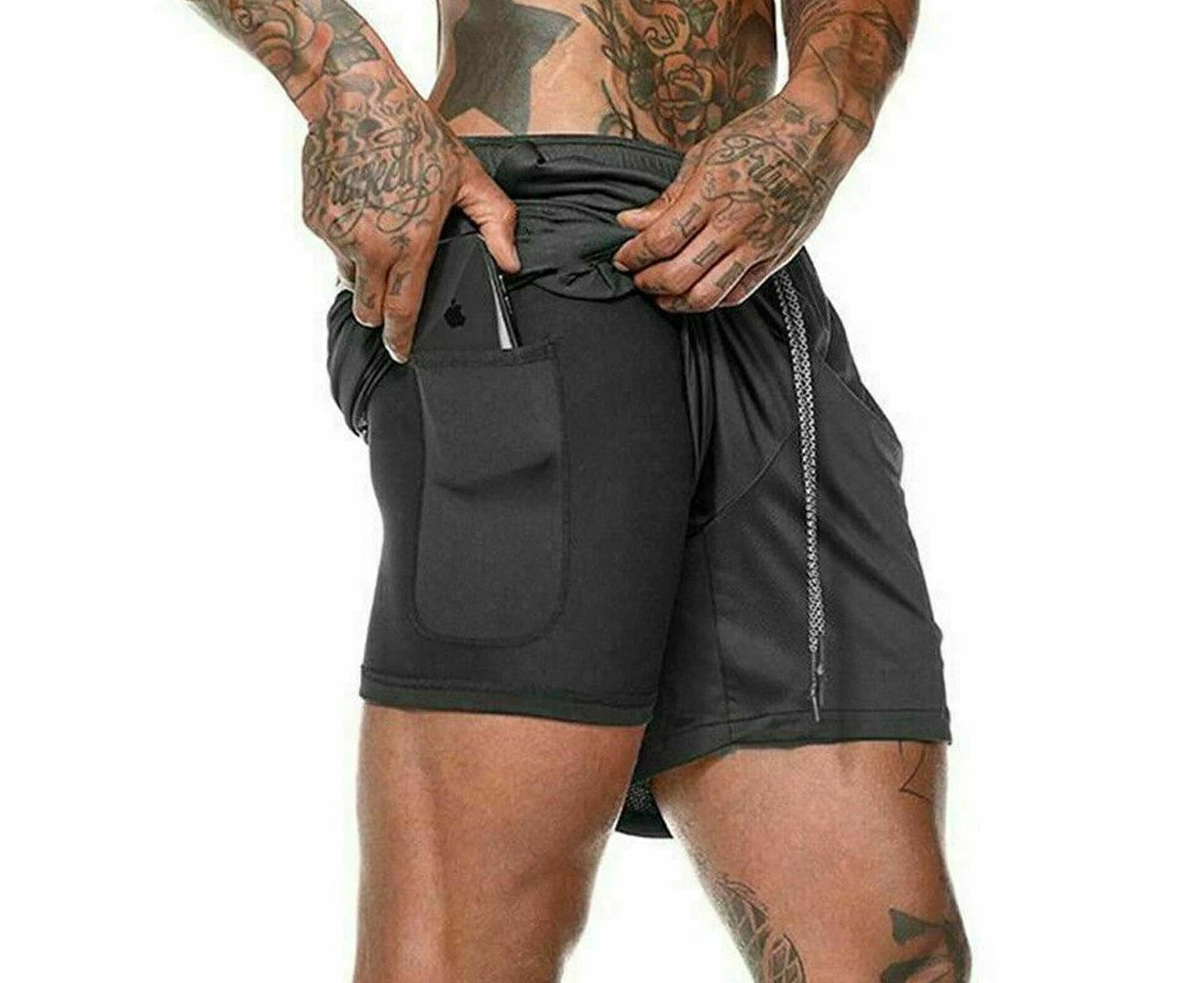 Black Mens Workout 2 in 1 Shorts 7" Running Gym Athletic Fitness Jogging Phone Pocket