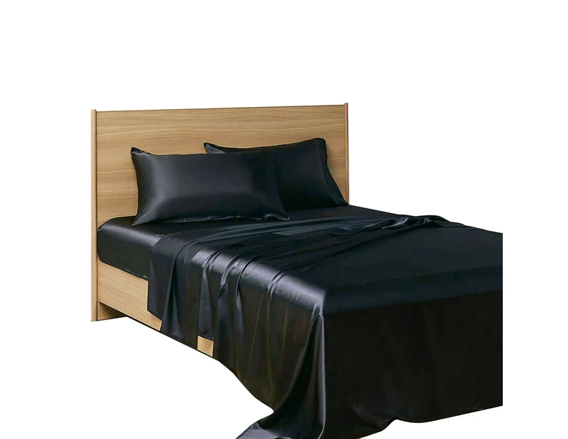 Black 1800TC 4Pcs Silky Satin Pillowcase Flat Fitted Sheet Set Single D Queen King Bed