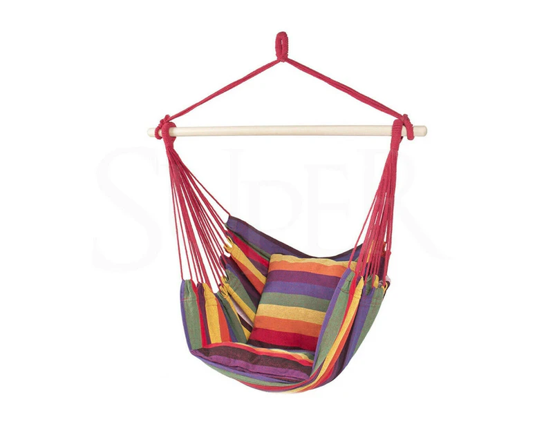 Garden Deluxe Hanging Hammock Chair Swing Outdoor/Indoor Camping W/ 2 Pillow - Rainbow(With  stick)