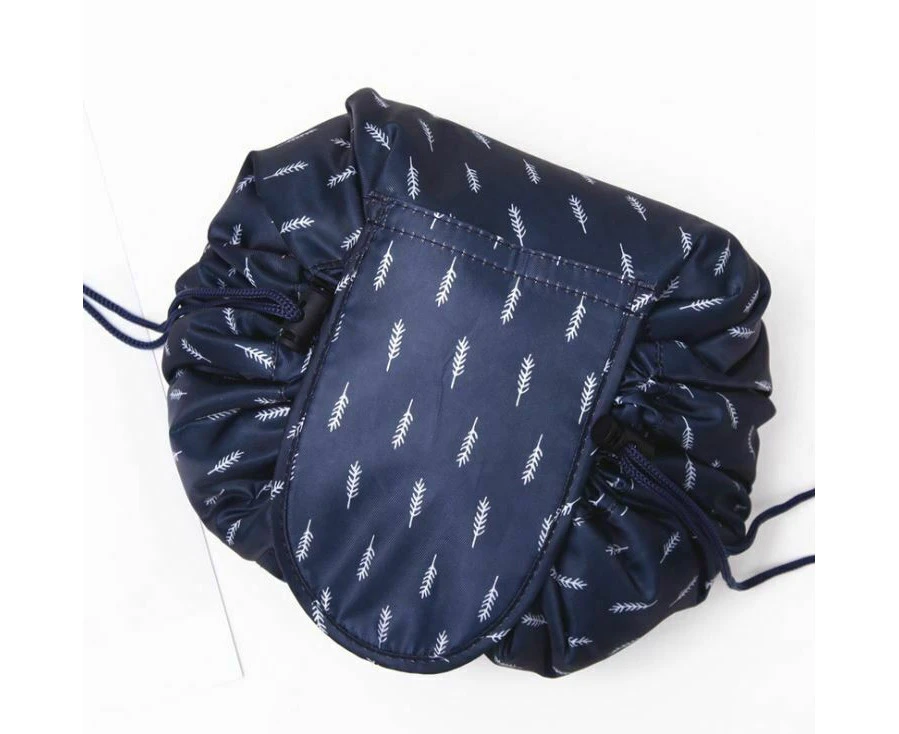 Portability Cosmetic Makeup Drawstring Bag Magic Travel Pouch Storage Organizer - Navy Blue Feather