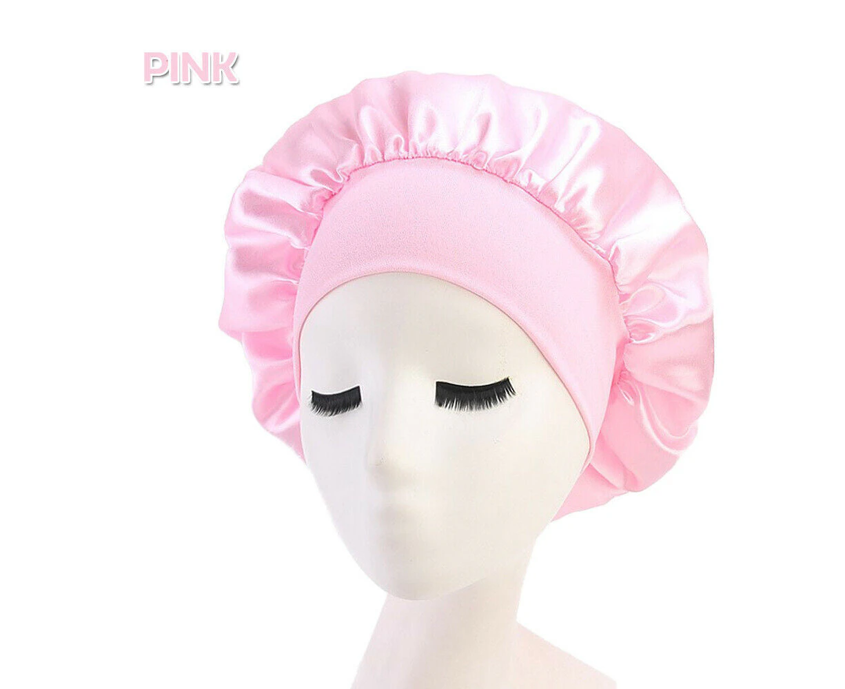 Sleeping Bonnet Hair Wrap Silk Satin Cap Women Elastic Night Soft Hat Headwear - Pink