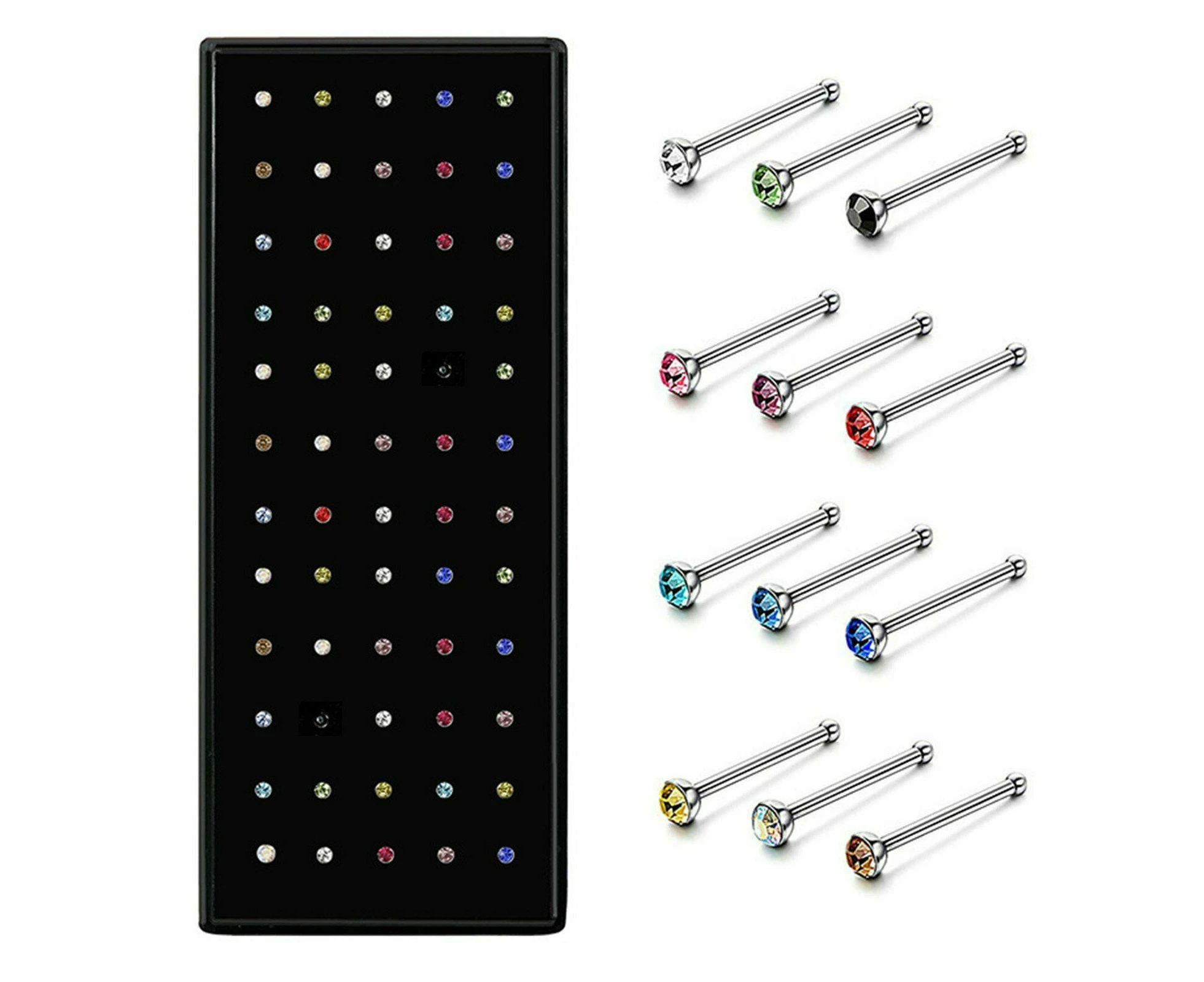 UP TO 60PCS Stainless Steel Crystal Nose Stud Straight Nose Pin Nose Piercing - 60pcs Multi-colour