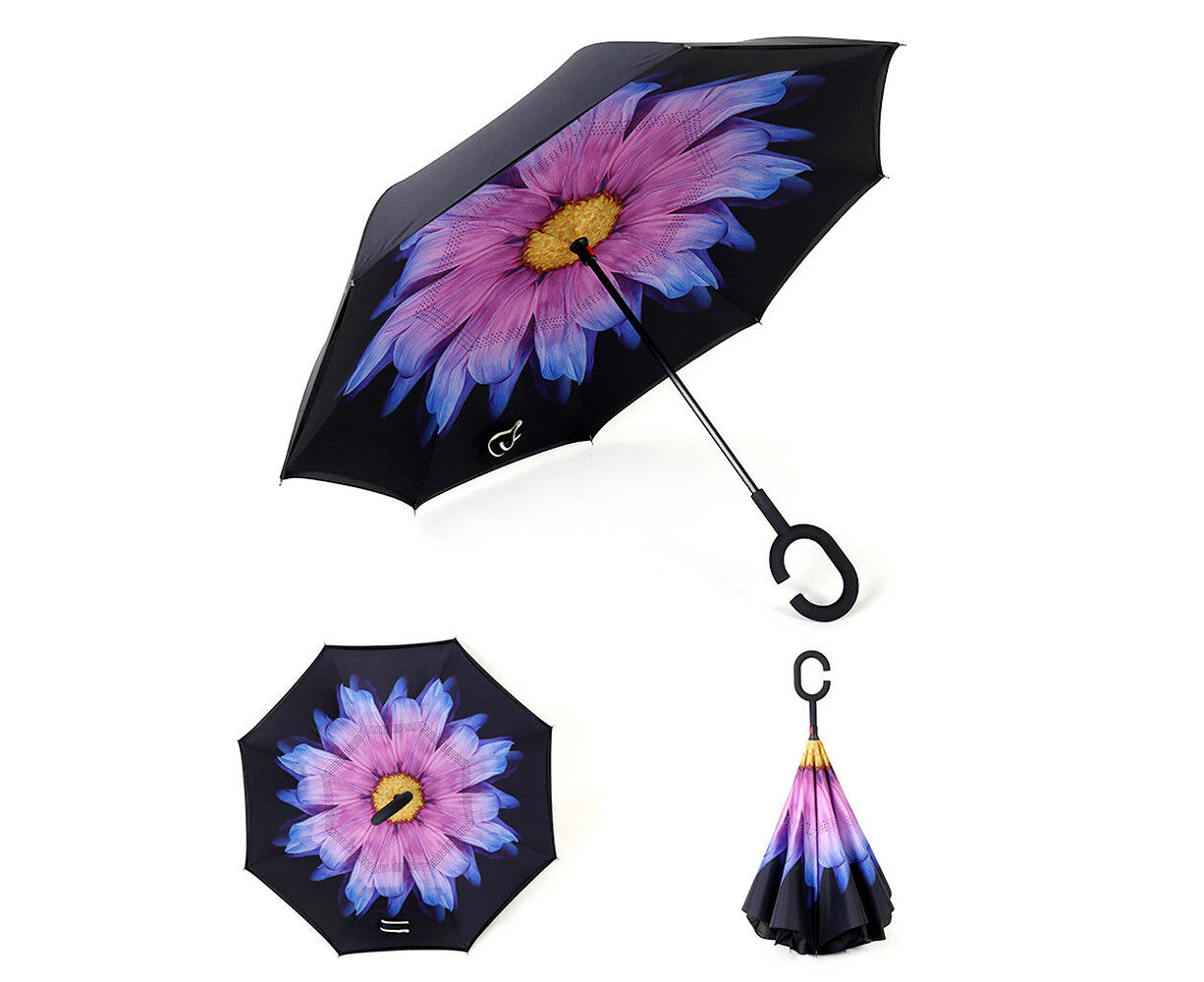 Windproof Upside Down Reverse Umbrella Double Layer Inside-Out Inverted C-Handle - Glass