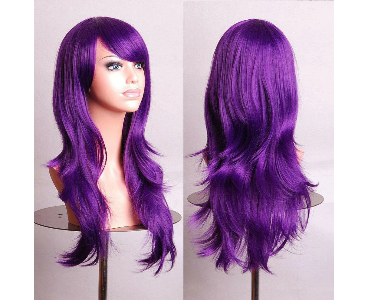 Womens 70cm Long Wavy Curly Hair Synthetic Cosplay Full Wig Wigs Party - Dark Purple