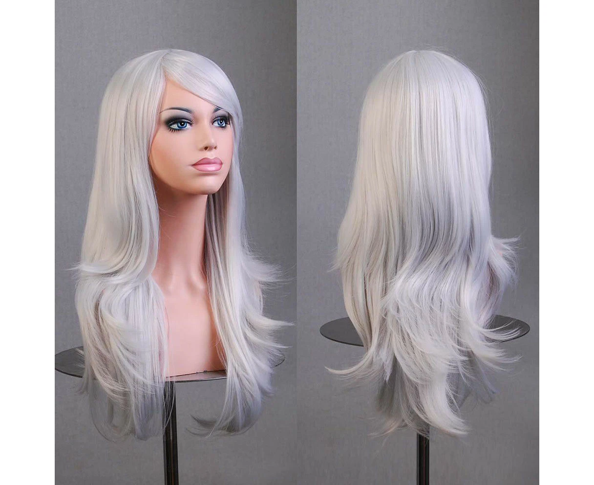 Womens 70cm Long Wavy Curly Hair Synthetic Cosplay Full Wig Wigs Party - Silver White