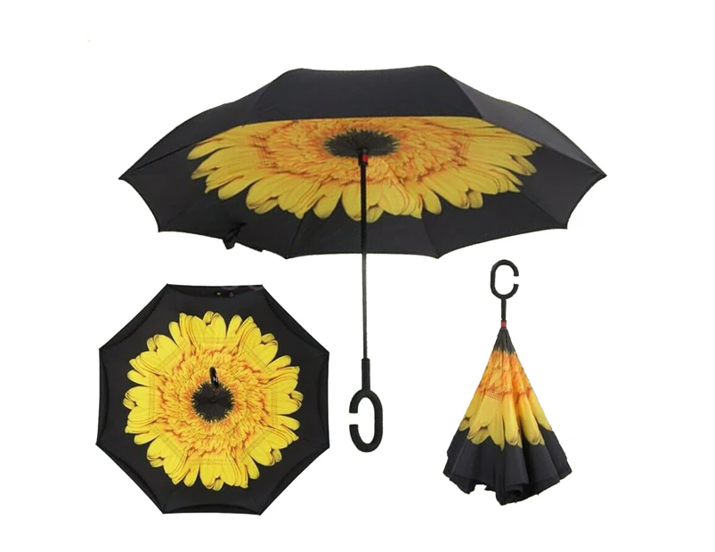 Windproof Upside Down Reverse Umbrella C-Handle Double Layer Inside-Out Inverted - 13-Sunflower