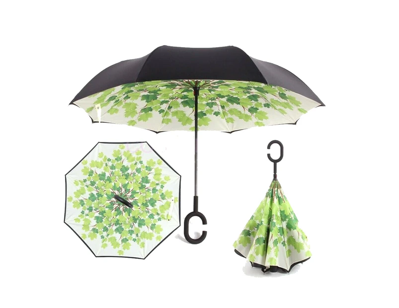 Windproof Upside Down Reverse Umbrella C-Handle Double Layer Inside-Out Inverted - 01-Green Leaf
