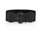 Women Ladies Faux Leather Wide Stretch Elastic Buckle Cinch Waist Wide Belt - Black