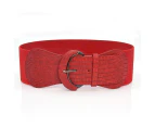 Women Ladies Faux Leather Wide Stretch Elastic Buckle Cinch Waist Wide Belt - Red