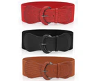 Women Ladies Faux Leather Wide Stretch Elastic Buckle Cinch Waist Wide Belt - Red