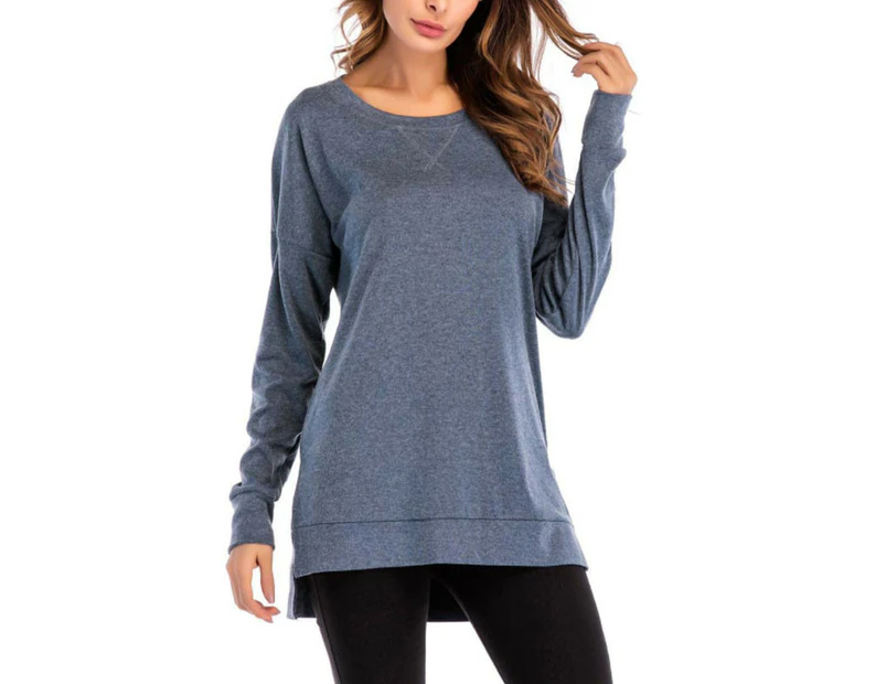 Women's Long Sleeve Shirts Side Split Casual Loose Pullover Tunic Tops - Navy - Navy
