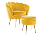 La Bella Armchair Chair Accent Velvet Shell Scallop + Ottoman Footstool Round - Yellow