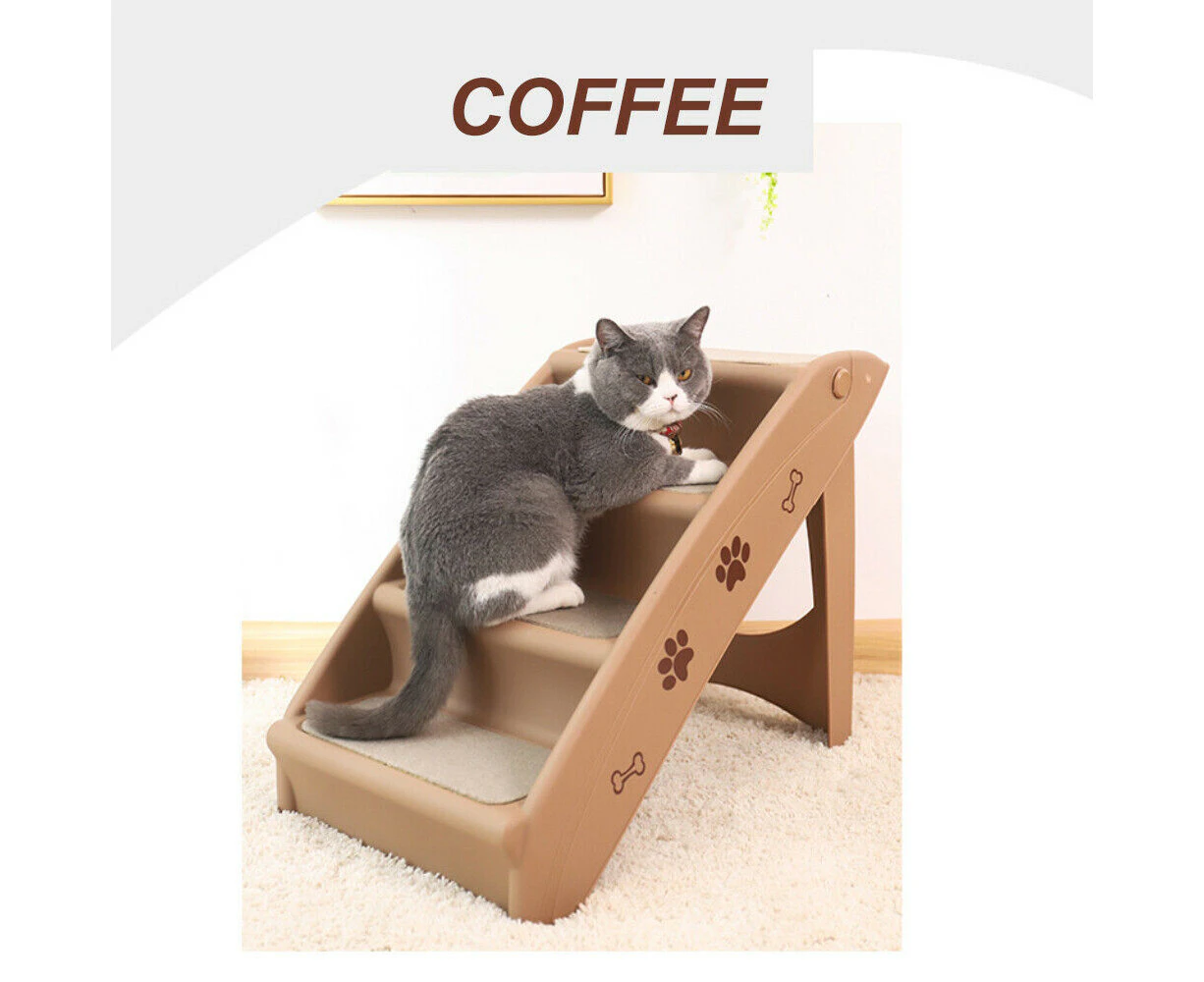 Pet Stairs Ramp Steps Portable Foldable Climbing Ladder Soft Washable Dog Cat - Coffee