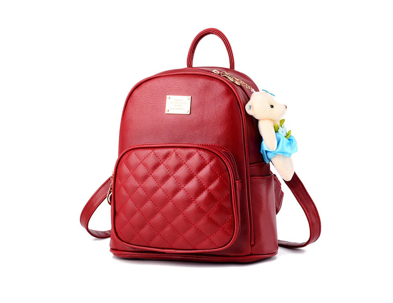 Nevenka Leather Backpack Casual Travel Daypacks with Cute Bear For Womens-WineRed