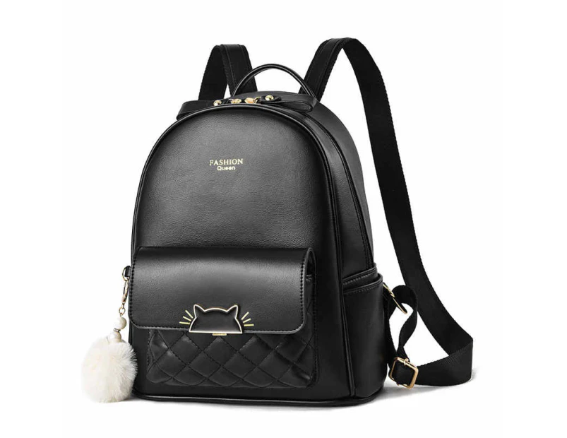 Nevenka Mini Backpack for Women Cute Leather Small Bookbag with Cat Shaped Lock-Black