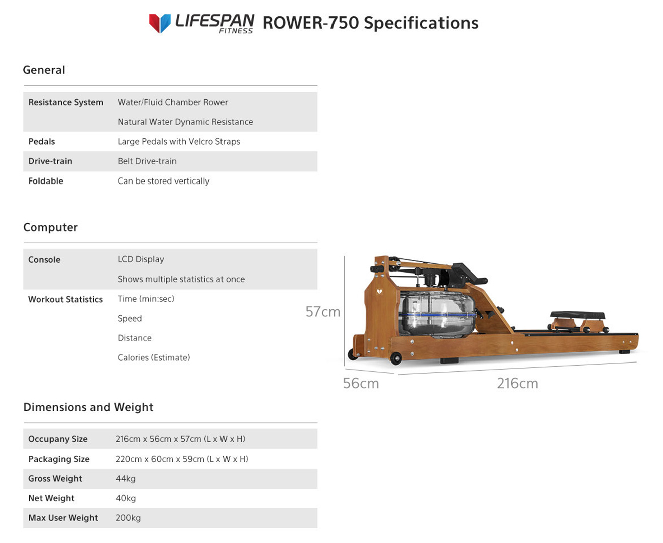 Lifespan best sale rower 750