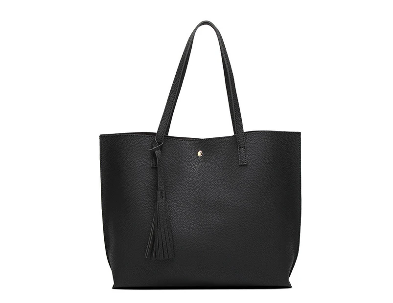 Nevenka Womens Soft Leather Tote Shoulder Bag Big Capacity Tassel Handbag-Black