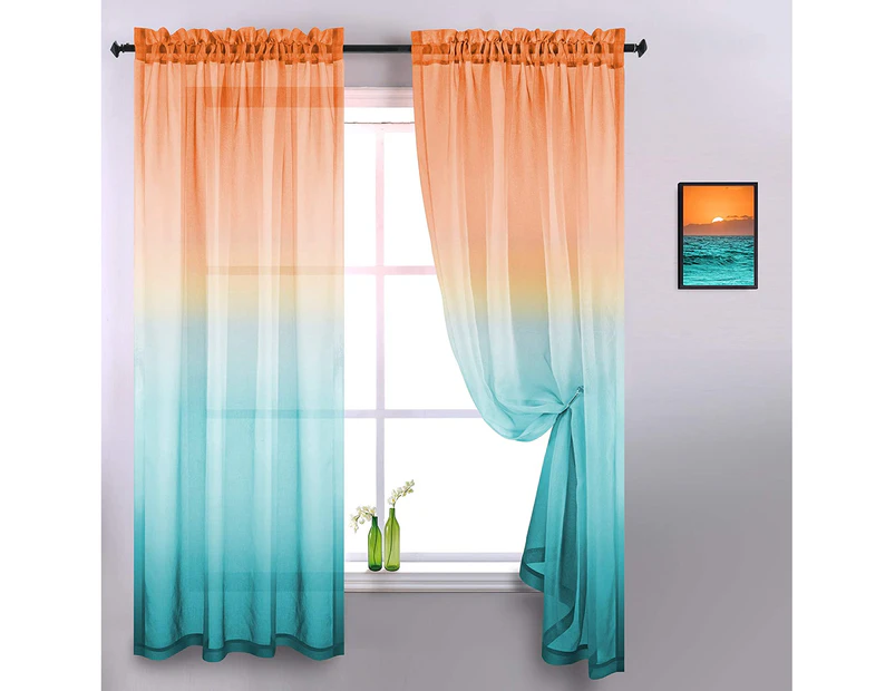 Sheer Curtains for Bedroom 2 Pieces Set Reversible Semi Sheer Ombre Curtains for Living Room Lemon Orange and Green