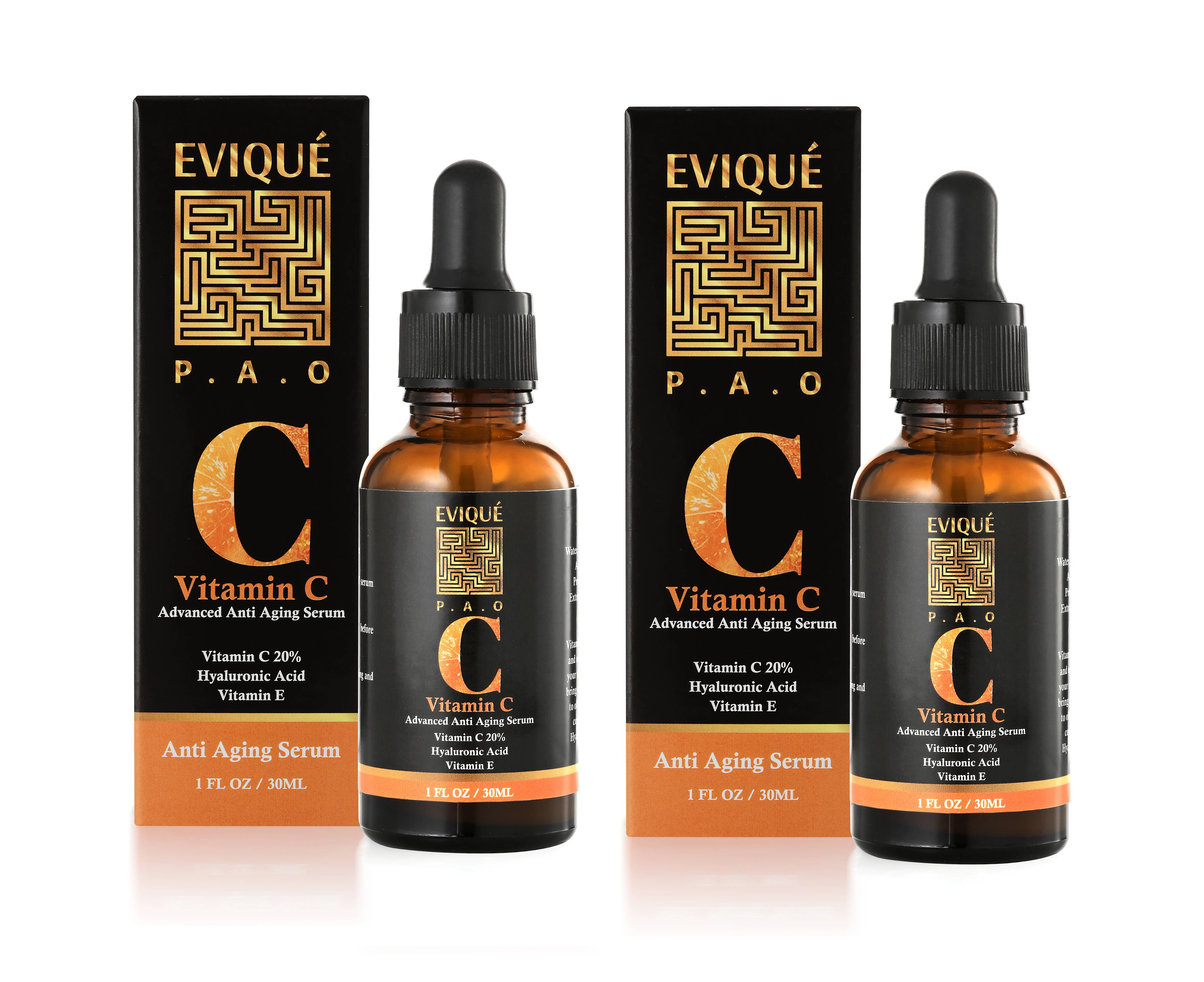 Evique Pure Vitamin C Serum with Hyaluronic Acid | Skin Brightening Serum for Face with 20%  Vitamin C | Collagen Boost |2 x 30ml