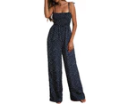 Amoretu Ladies Polka Dot Spagettic Strap Wide Leg Jumpsuits-DarkBlue