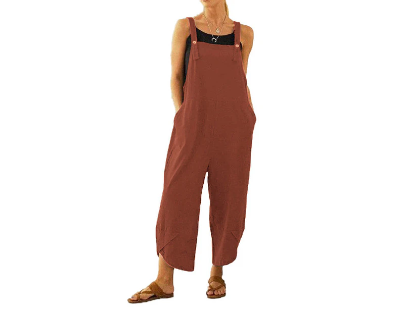 Amoretu Womens Cotton Adjustable Casual Summer Bib Overalls Jumpsuits with Pockets-Red