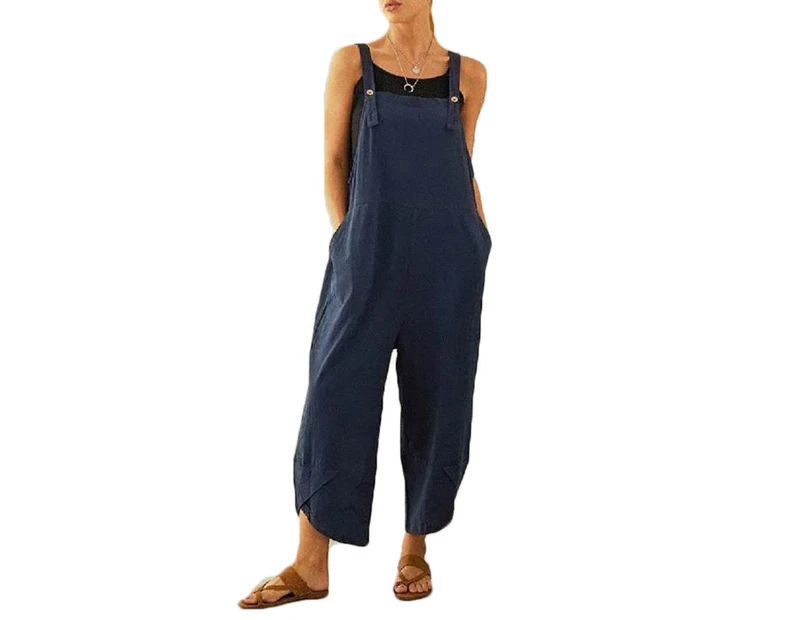 Amoretu Womens Cotton Adjustable Casual Summer Bib Overalls Jumpsuits with Pockets-DarkBlue