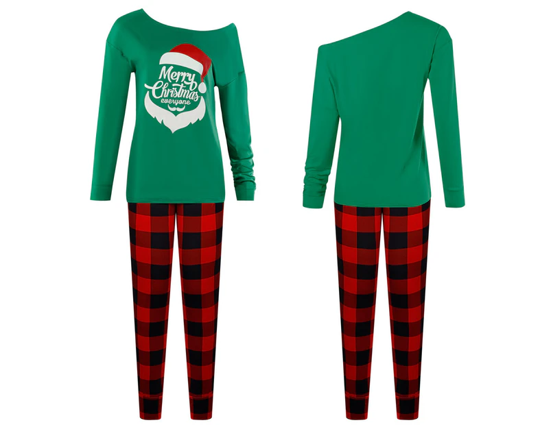Ladies Christmas Long Sleeves Printed Nightwear Loose Comfy Pullover+Pants Set - Green