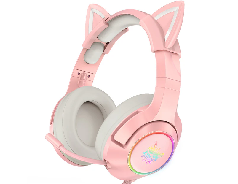 ONIKUMA Wired Headphones Stereo Dynamic Drivers Noise Reduction Headset 3.5MM RGB Cat Ear Adjustable Over-Ear Gaming Headphones Gift -Pink