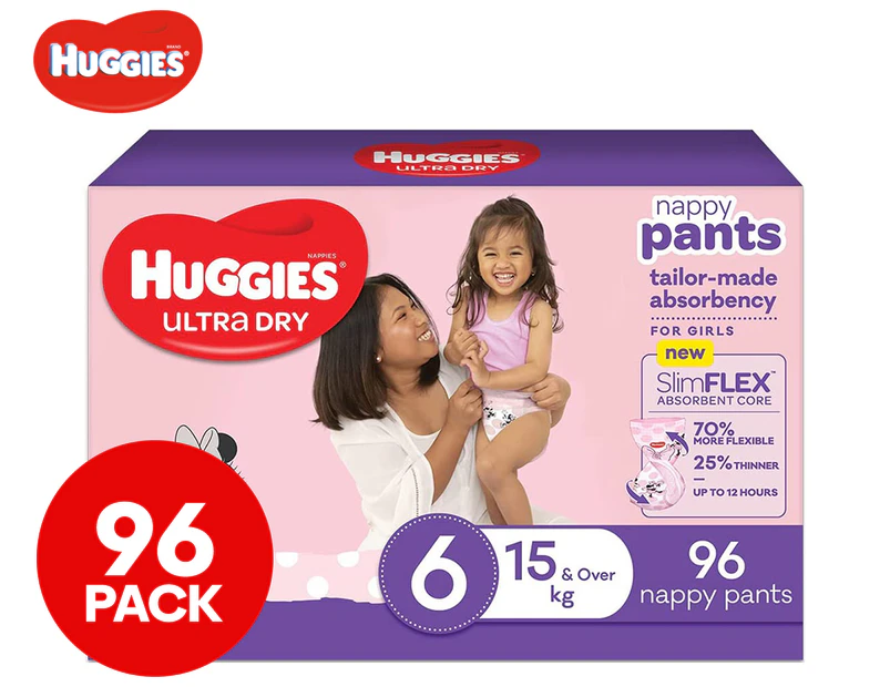 Huggies Girls' Size 6 15kg & Over Ultra Dry Nappy Pants 96pk