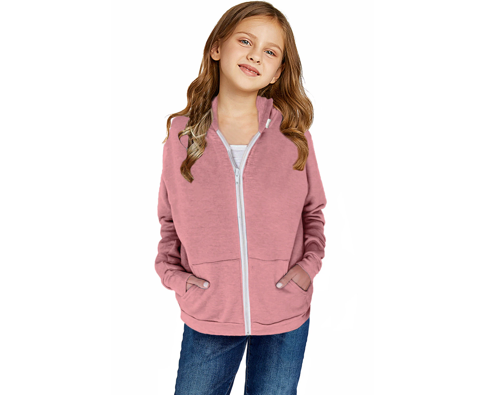 Azura Exchange Pink Zipper Hooded Girlâs Coat with Pocket Women Clothing Kids Coats - Pink