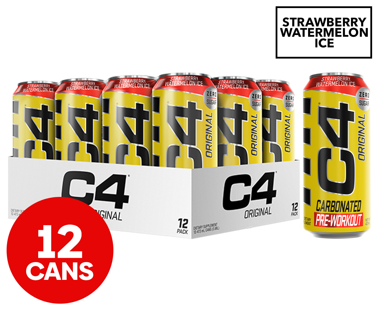 12 x Cellucor C4 Carbonated RTD Energy Drink Strawberry Watermelon Ice ...