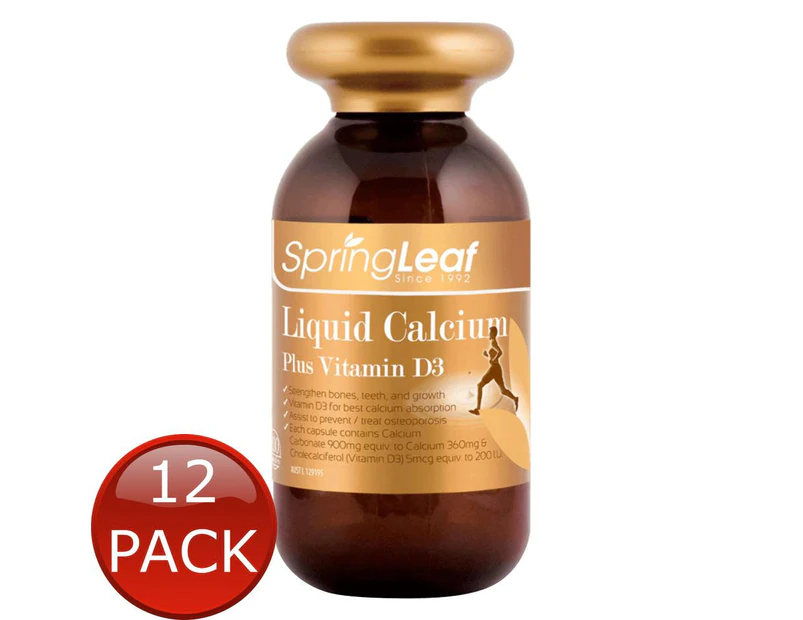 12 x Springleaf Liquid Calcium Plus Vitamin D3 Bones Growth Supplements 200 Capsules